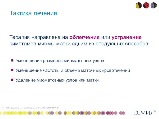 Тактика лечения Терапия направлена на облегчение или устранение симптомов миомы