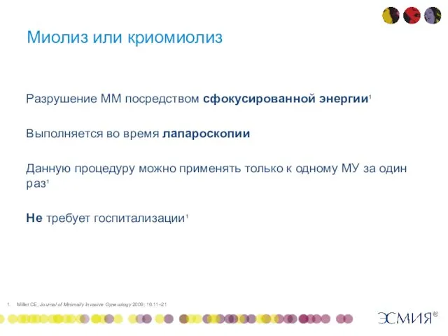 Миолиз или криомиолиз Разрушение ММ посредством сфокусированной энергии1 Выполняется во