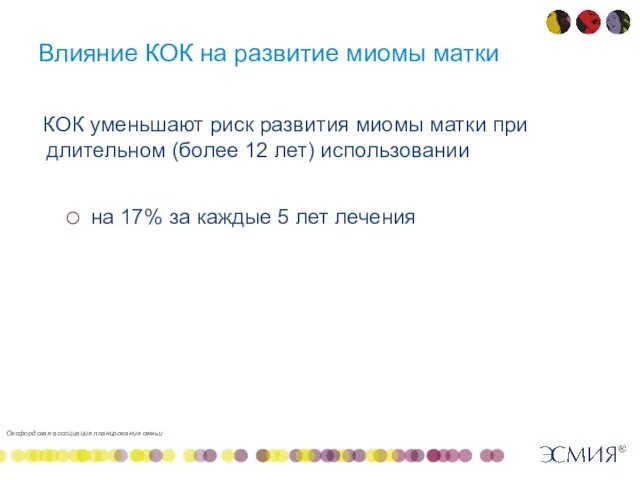 Влияние КОК на развитие миомы матки КОК уменьшают риск развития