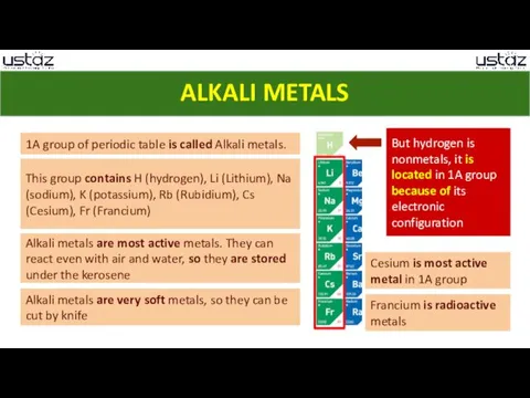 ALKALI METALS 1A group of periodic table is called Alkali metals. This group