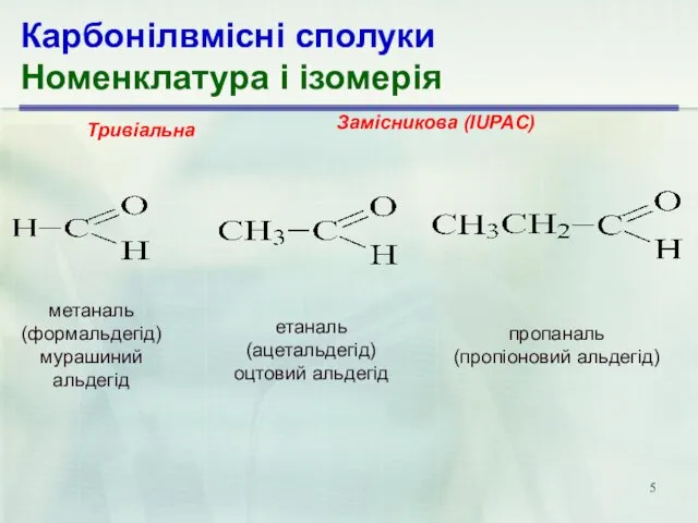 Карбонілвмісні сполуки Номенклатура і ізомерія метаналь (формальдегід) мурашиний альдегід етаналь