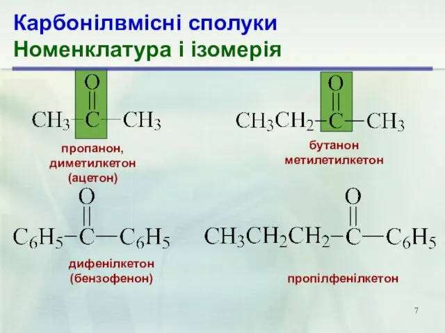 Карбонілвмісні сполуки Номенклатура і ізомерія бутанон метилетилкетон пропанон, диметилкетон (ацетон) дифенілкетон (бензофенон) пропілфенілкетон