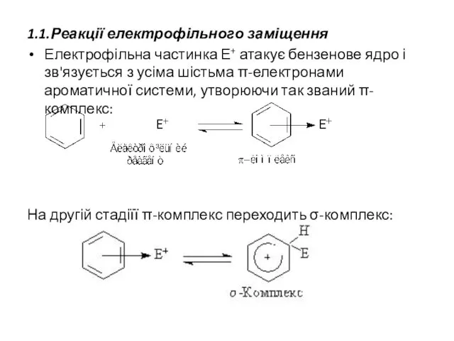 1.1.Реакції електрофільного заміщення Електрофільна частинка Е+ атакує бензенове ядро і