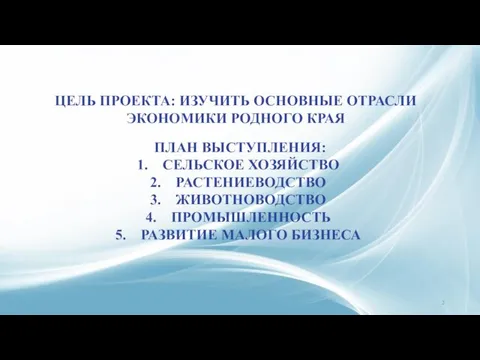 ЦЕЛЬ ПРОЕКТА: ИЗУЧИТЬ ОСНОВНЫЕ ОТРАСЛИ ЭКОНОМИКИ РОДНОГО КРАЯ ПЛАН ВЫСТУПЛЕНИЯ: