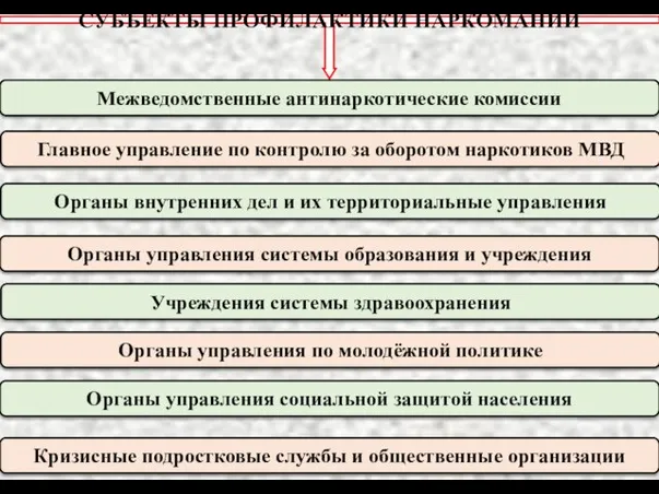 СУБЪЕКТЫ ПРОФИЛАКТИКИ НАРКОМАНИИ Межведомственные антинаркотические комиссии Главное управление по контролю