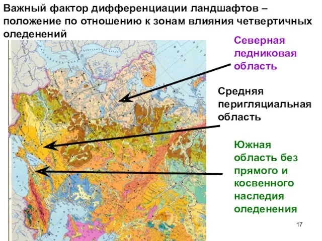 Северная ледниковая область Средняя перигляциальная область Южная область без прямого