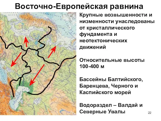 Восточно-Европейская равнина Крупные возвышенности и низменности унаследованы от кристаллического фундамента