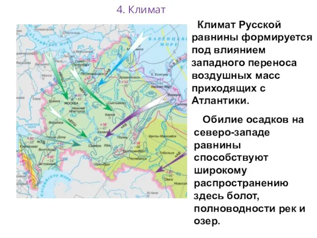 Климат Русской равнины формируется под влиянием западного переноса воздушных масс