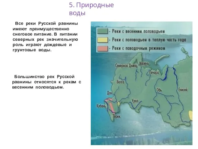 Все реки Русской равнины имеют преимущественно снеговое питание. В питании