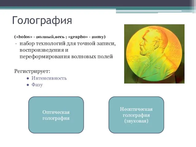 Голография («holos» - полный,весь ; «grapho» - пишу) набор технологий