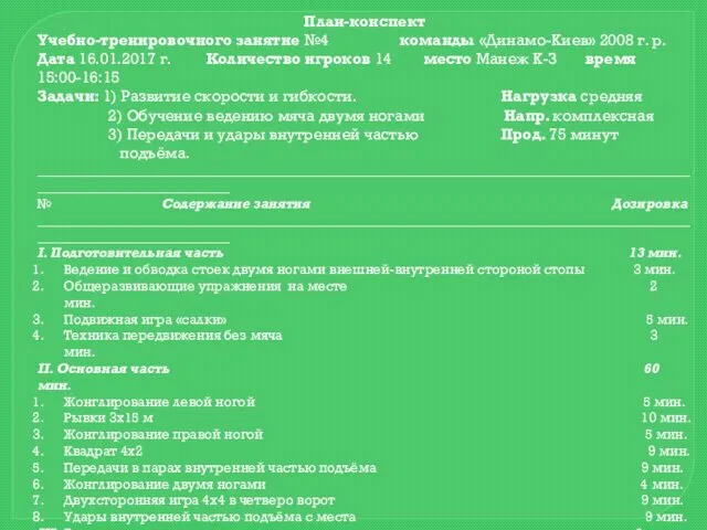 План-конспект Учебно-тренировочного занятие №4 команды «Динамо-Киев» 2008 г. р. Дата