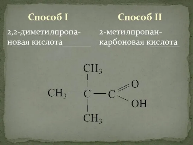 Способ I 2,2-диметилпропа-новая кислота 2-метилпропан-карбоновая кислота Способ II