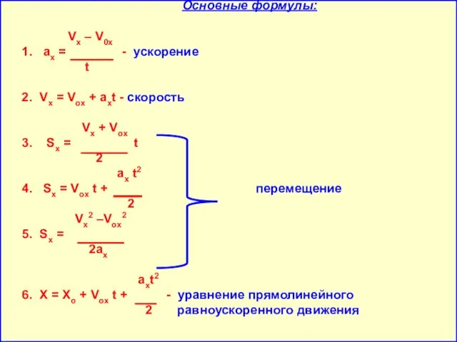 Основные формулы: Vx – V0x 1. аx = - ускорение