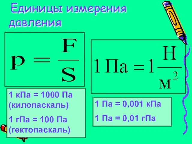 Единицы измерения давления 1 кПа = 1000 Па (килопаскаль) 1