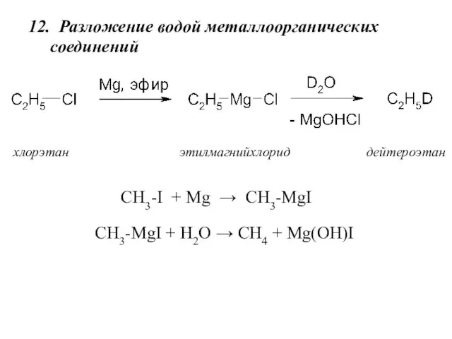 12. Разложение водой металлоорганических соединений хлорэтан этилмагнийхлорид дейтероэтан СН3-I +