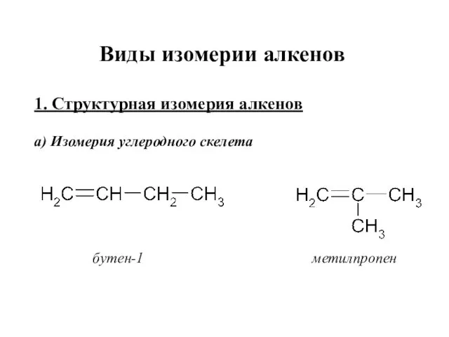 Виды изомерии алкенов 1. Структурная изомерия алкенов а) Изомерия углеродного скелета бутен-1 метилпропен