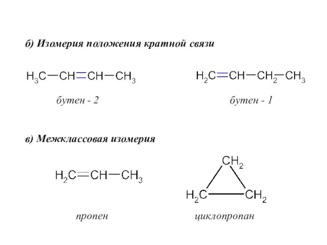 б) Изомерия положения кратной связи бутен - 2 бутен - 1 в) Межклассовая изомерия пропен циклопропан