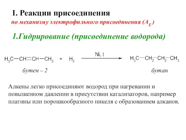 I. Реакции присоединения 1.Гидрирование (присоединение водорода) Алкены легко присоединяют водород