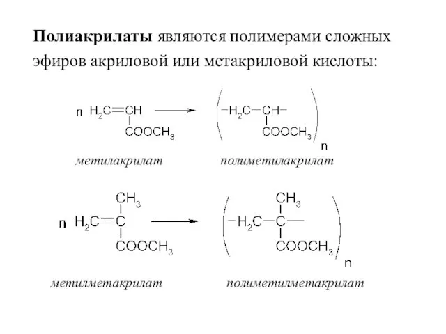 Полиакрилаты являются полимерами сложных эфиров акриловой или метакриловой кислоты: метилакрилат полиметилакрилат метилметакрилат полиметилметакрилат