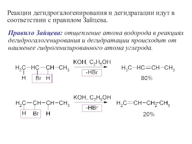 Правило Зайцева: отщепление атома водорода в реакциях дегидрогалогенирования и дегидратации
