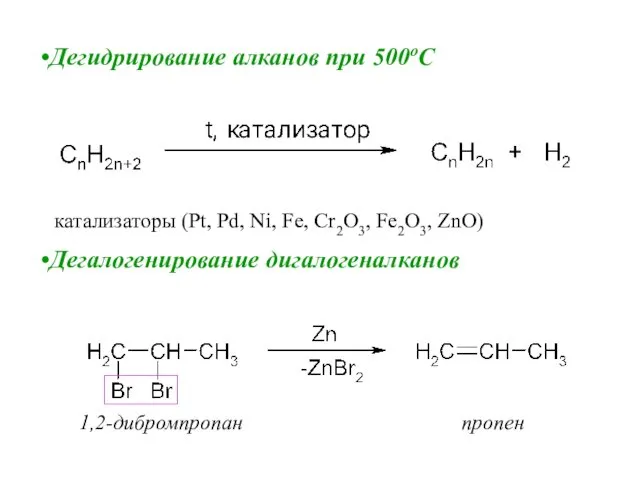 Дегидрирование алканов при 500oС Дегалогенирование дигалогеналканов катализаторы (Pt, Pd, Ni, Fe, Cr2O3, Fe2O3, ZnO) 1,2-дибромпропан пропен
