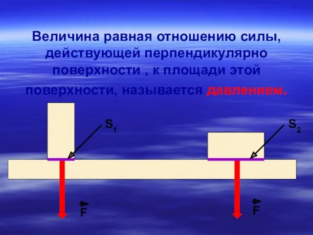 Величина равная отношению силы, действующей перпендикулярно поверхности , к площади этой поверхности, называется давлением.