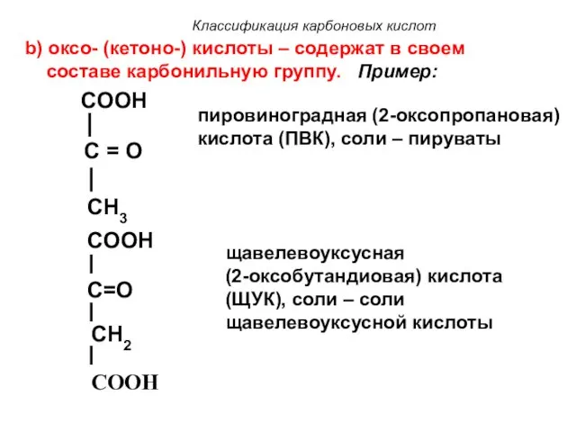 Классификация карбоновых кислот b) оксо- (кетоно-) кислоты – содержат в
