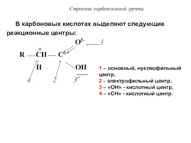 Строение карбоксильной группы В карбоновых кислотах выделяют следующие реакционные центры: