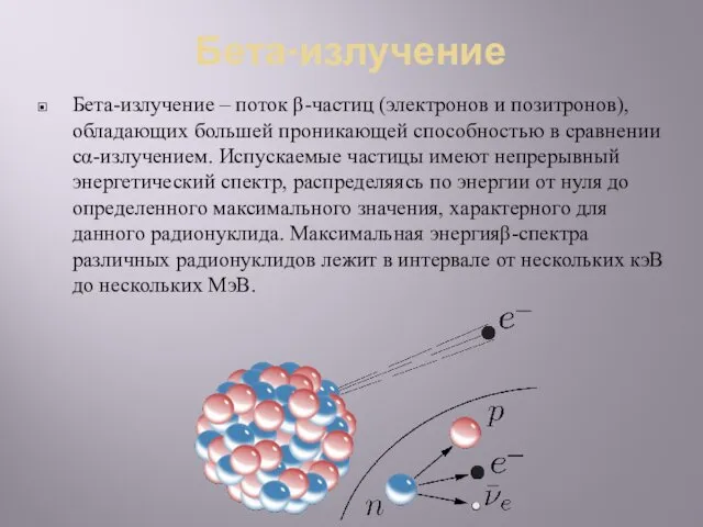 Бета-излучение Бета-излучение – поток β-частиц (электронов и позитронов), обладающих большей