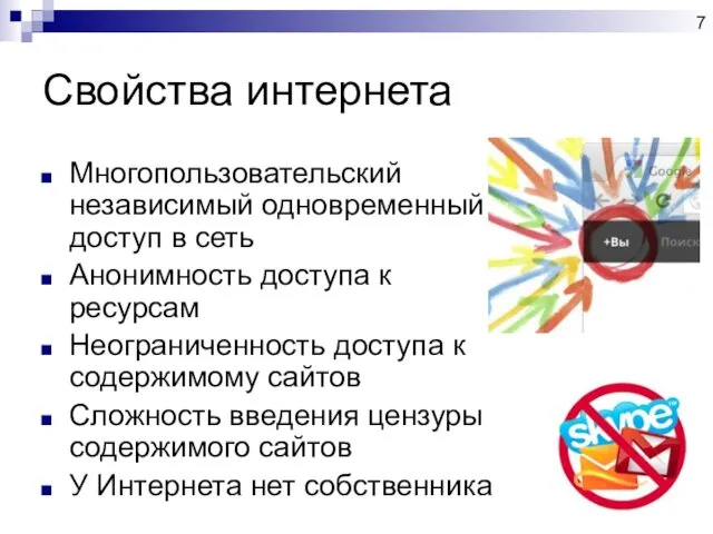 Свойства интернета Многопользовательский независимый одновременный доступ в сеть Анонимность доступа