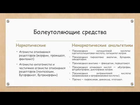 Болеутоляющие средства Наркотические Агонисты опиоидных рецепторов (морфин, промедол, фентанил) Агонисты-антагонисты