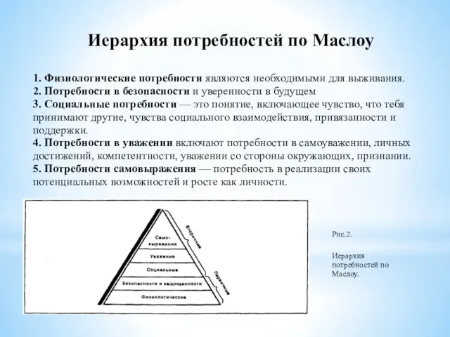 Иерархия потребностей по Маслоу 1. Физиологические потребности являются необходимыми для