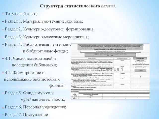 Структура статистического отчета Титульный лист; Раздел 1. Материально-техническая база; Раздел