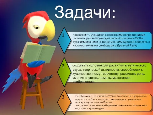Задачи: познакомить учащихся с основными направлениями развития русской культуры первой