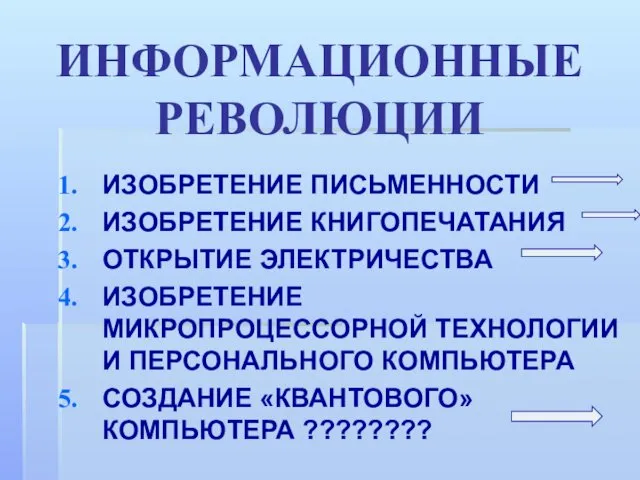 ИНФОРМАЦИОННЫЕ РЕВОЛЮЦИИ ИЗОБРЕТЕНИЕ ПИСЬМЕННОСТИ ИЗОБРЕТЕНИЕ КНИГОПЕЧАТАНИЯ ОТКРЫТИЕ ЭЛЕКТРИЧЕСТВА ИЗОБРЕТЕНИЕ МИКРОПРОЦЕССОРНОЙ