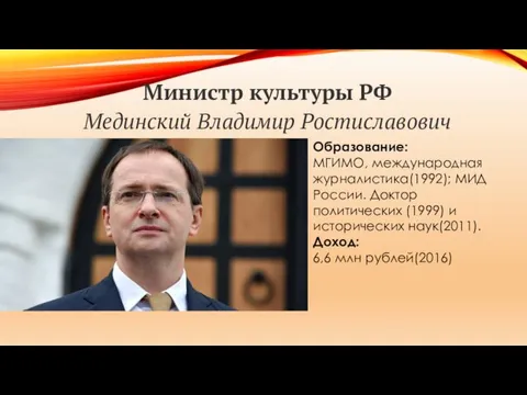 Министр культуры РФ Мединский Владимир Ростиславович Образование: МГИМО, международная журналистика(1992);