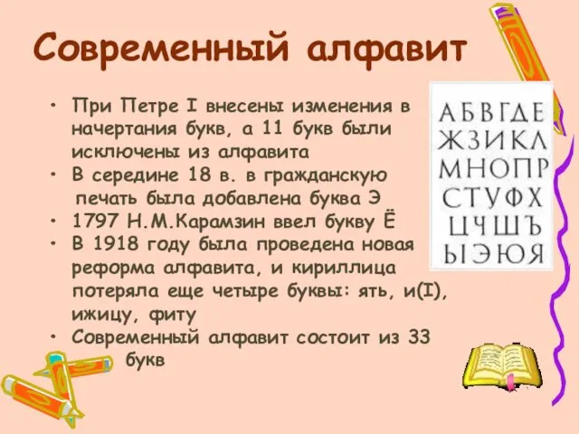 Современный алфавит При Петре I внесены изменения в начертания букв,