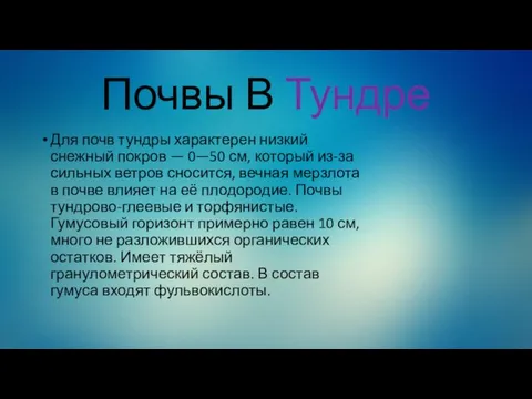 Почвы В Тундре Для почв тундры характерен низкий снежный покров