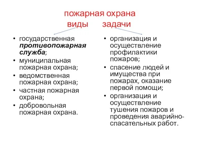 пожарная охрана виды задачи государственная противопожарная служба; муниципальная пожарная охрана;