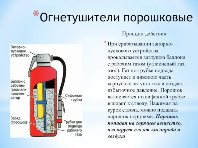 Огнетушители порошковые Принцип действия: При срабатывании запорно-пускового устройства прокалывается заглушка