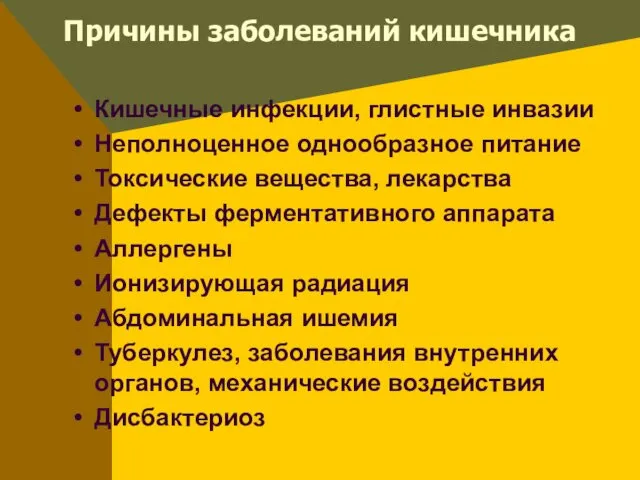 Причины заболеваний кишечника Кишечные инфекции, глистные инвазии Неполноценное однообразное питание Токсические вещества, лекарства