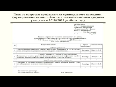 План по вопросам профилактики суицидального поведения, формированию жизнестойкости и психологического здоровья учащихся в 2018/2019 учебном году