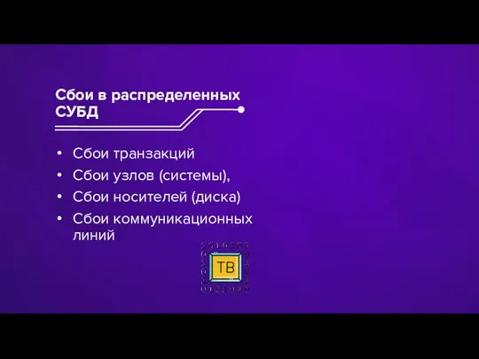 Сбои транзакций Сбои узлов (системы), Сбои носителей (диска) Сбои коммуникационных линий Сбои в распределенных СУБД