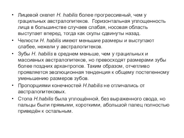 Лицевой скелет H. habilis более прогрессивный, чем у грацильных австралопитеков.