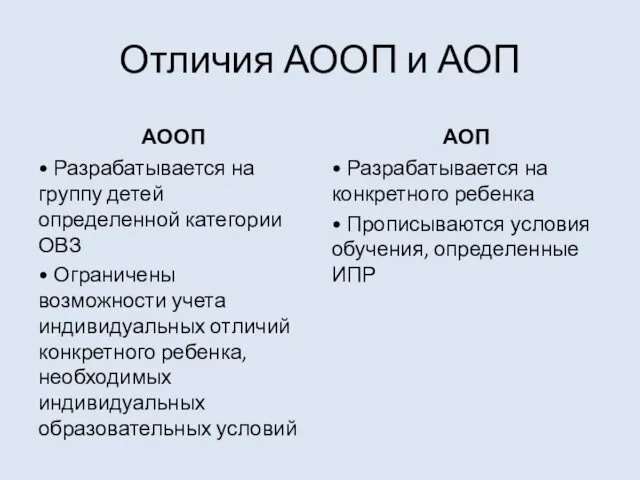 Отличия АООП и АОП АООП • Разрабатывается на группу детей