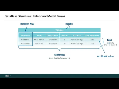 DataBase Structure: Relational Model Terms Trainees Columns Rows Table Cell