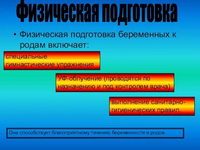 Физическая подготовка беременных к родам включает: Физическая подготовка специальные гимнастические