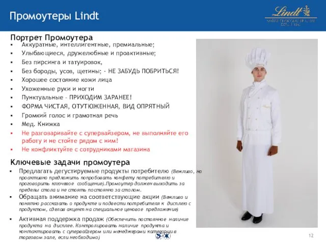 Промоутеры Lindt Аккуратные, интеллигентные, премиальные; Улыбающиеся, дружелюбные и проактивные; Без