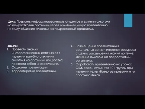 Цель: Повысить информированность студентов о влиянии алкоголя на подростковый организм