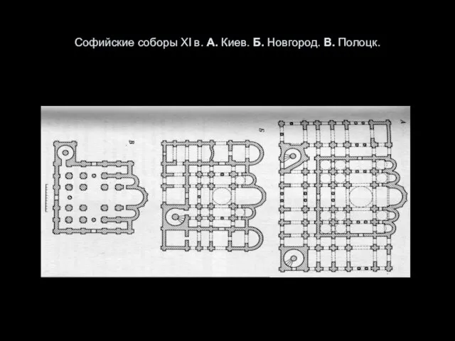 Софийские соборы XI в. А. Киев. Б. Новгород. В. Полоцк.